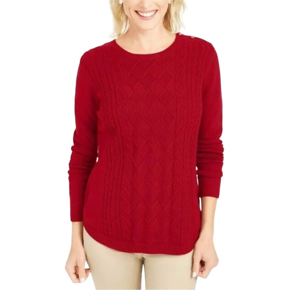 Charter Club Women Red Cable Knit Sweater Gold Button Trim NWT Sz. S MSRP $59